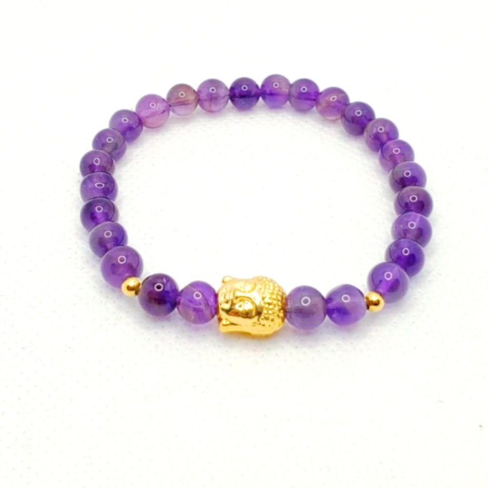Healing natural Amethyst golden buddha mala beaded